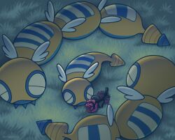  animal_focus closed_eyes closed_mouth commentary dudunsparce dudunsparce_(three-segment) dudunsparce_(two-segment) dunsparce english_commentary evolutionary_line flower grass highres nintooner no_humans outdoors pokemon pokemon_(creature) pokemon_focus wings 