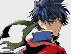  1boy blue_eyes blue_hair closed_mouth commentary fire_emblem fire_emblem:_path_of_radiance green_headband headband highres ike_(fire_emblem) male_focus short_hair simple_background solo umi_(oneinchswing) 