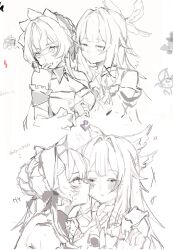  2girls arrow_(symbol) bare_shoulders blunt_bangs blush bow closed_eyes closed_mouth coa_(35_seno) columbina_(genshin_impact) commentary_request covered_mouth covering_another's_mouth detached_collar detached_sleeves dress feathered_wings from_side genshin_impact greyscale hair_between_eyes hair_bow hair_bun hair_ornament hair_ribbon hair_tubes hairband hand_on_another's_face hand_up hands_up head_wings headdress highres holding_hands lapels long_hair long_sleeves looking_ahead looking_at_another monochrome multiple_girls multiple_views multiple_wings off-shoulder_dress off_shoulder open_mouth puffy_detached_sleeves puffy_long_sleeves puffy_sleeves ribbon sandrone_(genshin_impact) short_hair_with_long_locks simple_background sleeveless sleeveless_dress squiggle strapless strapless_dress sweatdrop upper_body wide_sleeves wing_collar wings x_hair_ornament yuri 