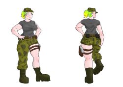  absurdres ass blue_eyes boots breasts commentary dress english_commentary green_dress green_hair green_hat grey_shirt hat highres huge_ass large_breasts military_uniform non-web_source original pumped shirt soldier strong weapon 