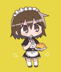  1girl apron black_bow black_bowtie black_dress black_shoes blush_stickers bow bowtie brown_eyes brown_hair chibi chibi_only commentary_request dress enmaided food frilled_apron frilled_dress frills full_body hair_between_eyes holding holding_plate holding_spoon kill_me_baby maid maid_headdress mary_janes omelet omurice oribe_yasuna plate richard_(richaball) shoes short_hair short_sleeves simple_background solo spoon standing thigh-highs waist_apron white_apron white_thighhighs yellow_background zettai_ryouiki 