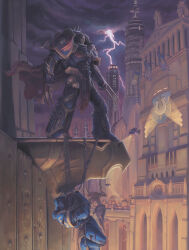  1boy adeptus_astartes aircraft architecture armor black_hair blue_armor breastplate building cape chain city city_lights cityscape claw_mark clouds cloudy_sky commentary corpse english_commentary evil_smile flag full_armor gauntlets gold_trim greaves greco-roman_architecture hanging jeff_porter konrad_curze lightning long_hair omega_symbol pauldrons pillar power_armor primarch red_cape science_fiction shoulder_armor skull skull_ornament sky skylight skyline skyscraper smile statue storm storm_cloud tower ultramarines warhammer_40k weapon wrist_blades 