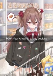  ahoge bag_of_chips black_cardigan bottle bow bowtie broken_heart broken_heart_hair_ornament brown_hair cardigan commentary cookie english_commentary english_text evil_neuro-sama food food_packaging groceries hair_between_eyes hair_ornament hair_ribbon heart highres long_hair long_sleeves meichuu_illust red_eyes red_ribbon ribbon shirt shopping shopping_cart skirt supermarket two_side_up vedal_ai virtual_youtuber wine_bottle 