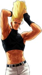  1boy abs armpits arms_up belt blonde_hair blue_eyes crop_top earrings fingerless_gloves gloves halter_top halterneck heart heart_earrings jewelry king_of_fighters king_of_fighters_xii male midriff muscle navel nikaido_benimaru official_art ogura_eisuke snk solo 