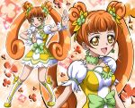  1girl :d boots club cure_rosetta dokidoki!_precure fighting_stance hanzou long_hair open_mouth orange_eyes orange_hair outstretched_arm precure smile solo sparkle standing twintails weapon yotsuba_alice 