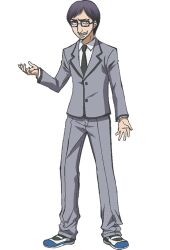  1boy anime_coloring ansatsu_kyoushitsu black-framed_eyewear black_hair black_necktie collared_shirt full_body glasses grey_jacket grey_pants grin jacket kunugigaoka_middle_school_uniform male_focus morita_kazuaki necktie official_art pants school_uniform shirt simple_background smile solo standing tachi-e takada_chousuke transparent_background white_shirt 