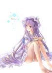  119 1girl book dress hat highres long_hair patchouli_knowledge purple_dress purple_hair simple_background sitting solo touhou violet_eyes 