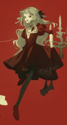  1girl :d alternate_costume black_bow black_pantyhose bow candle candlestand cropped dress full_body grey_hair hair_bow highres juliet_sleeves leg_up long_hair long_sleeves oji-sama_(ochi4t) pantyhose puffy_sleeves red_background red_dress red_shoes reverse:1999 rubuska shoes short_dress skirt_hold smile solo standing standing_on_one_leg 