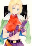 1girl abs adjusting_clothes adjusting_gloves agahari bare_shoulders belt beltskirt blonde_hair blue_eyes blue_mary breasts closed_mouth coat_on_shoulders crop_top fatal_fury female fingerless_gloves gloves king_of_fighters large_breasts looking_at_viewer midriff muscle short_hair smile solo straight_hair