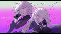  1boy 1girl black_jacket black_neckerchief black_sailor_collar black_serafuku commentary_request dual_persona eyes_visible_through_hair gakuran genderswap genderswap_(mtf) hair_over_one_eye hand_up heterochromia highres holding holding_walkie-talkie jacket letterboxed long_hair long_sleeves looking_at_viewer mero_(merope_hika) neckerchief parted_lips pink_eyes sailor_collar school_uniform serafuku shion_(hundred_line) short_hair sketch the_hundred_line_-last_defense_academy- translation_request upper_body walkie-talkie white_eyes white_hair 