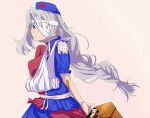  1girl artist_request bandage_over_one_eye bandages braid broken_arm cask gauze hat injury irony long_hair looking_at_viewer medical nurse_cap pout silver_hair solo torn_clothes touhou very_long_hair yagokoro_eirin 