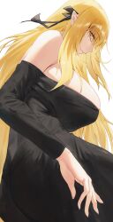  1girl absurdres bare_shoulders black_dress black_ribbon blonde_hair breasts commentary cowboy_shot dress hair_ribbon highres kiss-shot_acerola-orion_heart-under-blade large_breasts long_hair looking_at_viewer looking_to_the_side monogatari_(series) oshino_shinobu pointy_ears ribbon symbol-only_commentary tabulagami white_background yellow_eyes 