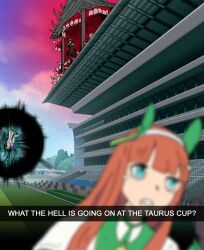  3girls animal_ears blue_eyes blue_sky brown_dress brown_hair clouds commentary dress english_commentary fleeing highres horse_ears horse_girl horse_racing_track jujutsu_kaisen long_hair multiple_girls nice_nature_(poinsettia_ribbon)_(umamusume) nice_nature_(umamusume) oguri_cap_(starlight_beat)_(umamusume) oguri_cap_(umamusume) orange_hair outdoors shirt silence_suzuka_(innocent_silence)_(umamusume) silence_suzuka_(umamusume) sky terkmc umamusume white_hair white_shirt 