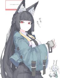  2girls absurdres animal_ear_fluff animal_ears aqua_jacket black_gloves black_hair black_necktie black_skirt blue_horns blue_oni blue_skin blunt_bangs closed_mouth colored_skin commentary_request earrings fingerless_gloves fox_ears fox_girl gloves hair_between_horns high-waist_skirt highres holding holding_paper horns hoshimi_miyabi jacket jewelry long_hair looking_at_viewer mocamocaink motion_lines multicolored_horns multiple_girls necktie oni open_mouth paper pointy_ears red_eyes short_hair simple_background single_fingerless_glove skin-covered_horns skirt soukaku_(zenless_zone_zero) translation_request two-tone_horns white_background white_hair zenless_zone_zero 