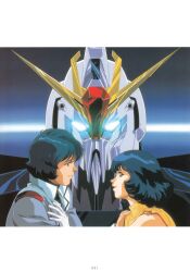  1990s_(style) 1boy 1girl absurdres aeug black_hair blue_eyes blue_hair couple fa_yuiry glint gloves glowing glowing_eyes gun gundam highres hug kamille_bidan kitazume_hiroyuki looking_at_viewer machine_gun magazine_scan mecha military_uniform mobile_suit official_art retro_artstyle robot scan science_fiction traditional_media v-fin weapon zeta_gundam zeta_gundam_(mobile_suit) 
