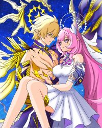  1boy 1girl alternate_form bare_shoulders carrying cracked_skin cyrene_(demiurge)_(honkai:_star_rail) cyrene_(honkai:_star_rail) diamond-shaped_pupils diamond_(shape) dress english_commentary hair_ornament halo halo_behind_head highres honkai:_star_rail honkai_(series) long_hair material_growth pablo_alvarado phainon_(honkai:_star_rail) phainon_(khaslana)_(honkai:_star_rail) pink_hair pointy_ears princess_carry short_hair smile solo symbol-shaped_pupils tattoo twitter_username very_long_hair violet_eyes white_dress wings yellow_eyes 