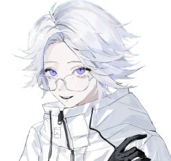  1boy aotsuki_eito black_gloves chinese_commentary commentary_request drawstring fulu_bu_xunqiao glasses gloves grey_hair grin hand_up highres jacket looking_at_viewer looking_over_eyewear male_focus portrait short_hair simple_background smile solo teeth the_hundred_line_-last_defense_academy- upper_teeth_only violet_eyes white_background white_jacket zipper_pull_tab 