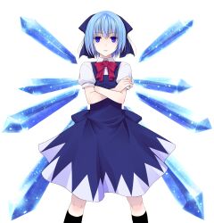  1girl black_socks blue_dress blue_eyes blue_hair bow bowtie cirno collared_shirt commentary_request crossed_arms crote dress feet_out_of_frame hair_bow hair_ornament highres ice ice_wings large_variant_set legs_apart looking_at_viewer parted_lips pinafore_dress puffy_short_sleeves puffy_sleeves red_bow red_bowtie shirt short_hair short_sleeves skirt skirt_set sleeve_cuffs sleeveless sleeveless_dress socks solo tachi-e touhou transparent_background variant_set white_shirt wings 