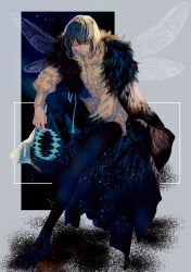  1boy absurdres cape closed_mouth collared_shirt commentary_request dragonfly_wings expressionless fate/grand_order fate_(series) full_body fur-trimmed_cape fur_trim grey_hair highres holding holding_circlet looking_at_viewer male_focus nasubi_illust oberon_(fate) oberon_(third_ascension)_(fate) shirt sitting solo white_shirt 