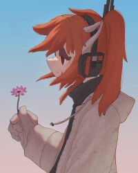  1girl absurdres adachi_rei commentary_request cracked_skin drawstring flower from_side gloves highres holding holding_flower jacket kakureonu making-of_available medium_hair one_side_up open_clothes open_jacket orange_hair pink_flower solo upper_body utau white_gloves white_jacket 