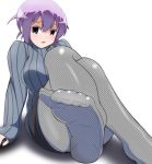  1girl arm_support blush feet fishnet_pantyhose fishnets foreshortening kainou_yoshiko leaning_back long_sleeves looking_at_viewer miniskirt nonohachi pantyhose pencil_skirt purple_hair saki short_hair sitting skirt solo turtleneck vertical_stripes violet_eyes white_background 