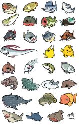  absurdres anglerfish animal_focus animal_request barreleye_fish catfish coelacanth commentary_request fish goblin_shark goldfish highres no_humans oarfish open_mouth orange_eyes original piranha sawshark scales sea_toad shark sharp_teeth sido_(slipknot) simple_background swordfish teeth whale_shark white_background 