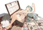  1girl arm_up armpits babydoll barefoot checkered checkered_floor clothes hatsune_miku highres in_container long_hair navel photo_(object) photo_album solo suitcase throtem very_long_hair vocaloid 