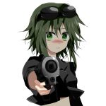  1girl absurdres blush goggles goggles_on_head green_eyes green_hair gumi gun highres marirero_a short_hair solo vocaloid weapon 