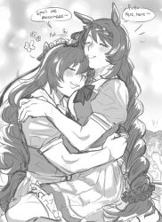  3girls agnes_digital_(umamusume) animal_ears blush bow bowtie braid breasts closed_eyes commentary ear_bow english_commentary english_text greyscale hair_between_eyes hair_bow headpat highres holding holding_notebook horse_ears horse_girl horse_tail hug large_breasts long_hair maruzensky_(umamusume) monochrome multicolored_hair multiple_girls notebook open_mouth pleated_skirt puffy_short_sleeves puffy_sleeves sailor_collar sailor_shirt school_uniform shirt short_sleeves skirt smile speech_bubble streaked_hair super_creek_(umamusume) tail tracen_school_uniform umamusume very_long_hair xy_424 yuri 