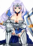  1girl annelotte armor blue_eyes breastplate breasts butter-t choker cleavage gauntlets large_breasts long_hair panties pink_panties purple_hair queen&#039;s_blade queen&#039;s_blade_rebellion shield skirt solo sword thighhighs underwear weapon 