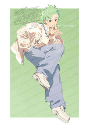  1boy artist_name blue_pants border brown_jacket cilan_(pokemon) closed_mouth crossed_legs full_body green_background green_hair hand_in_pocket highres jacket long_sleeves looking_at_viewer male_focus open_clothes open_jacket outside_border pants pokemon pokemon_bw serizawa_serizane shoes short_hair solo standing standing_on_one_leg sweater watermark white_border white_shoes white_sweater 
