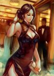  bracelet breasts brown_hair china_dress chinese_clothes cleavage cleavage_cutout jewelry long_hair short_hair side_slit wuduo 