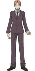  1boy anime_coloring ansatsu_kyoushitsu asano_gakuhou black_shoes brown_hair closed_mouth collared_shirt full_body jacket morita_kazuaki necktie official_art pants shirt shoes simple_background solo standing striped_clothes striped_shirt tachi-e tie_clip transparent_background violet_eyes 