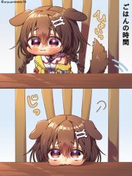  1girl :3 animal_ears artist_name bone_hair_ornament braid brown_eyes brown_hair brown_tail chair chibi closed_mouth collar commentary_request dog_ears dog_girl dog_tail dot_nose fangs hair_between_eyes hair_ornament harumina_mau highres hololive indoors inugami_korone inugami_korone_(1st_costume) jacket long_hair looking_at_viewer off_shoulder pout puffy_cheeks smile solo table tail tail_wagging translation_request twin_braids twitter_username virtual_youtuber wooden_table yellow_jacket 