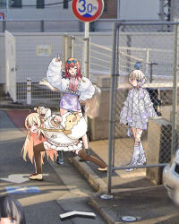  4girls ahoge black_hair blonde_hair blue_eyes brown_thighhighs commentary_request eyewear_on_head felutiahime fur_jacket gradient_hair grey_hair hair_ornament high_school_girls_posing_for_google_street_view_(meme) highres hololive hololive_dev_is ichijou_ririka jacket juufuutei_raden long_hair looking_at_viewer meme multicolored_hair multicolored_jacket multiple_girls musical_note musical_note_hair_ornament orange_hair otonose_kanade pink_shirt purple_hair purple_jacket purple_shorts purple_skirt red_eyes regloss_(hololive) shirt shoes short_hair shorts skirt smile streaked_hair thigh-highs todoroki_hajime tube_socks two-tone_hair two-tone_jacket two-tone_shorts v violet_eyes virtual_youtuber white_jacket white_shoes white_shorts 