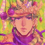  1boy ametabon earrings fabulous happy_birthday hat headdress hermit_purple jewelry jojo_no_kimyou_na_bouken joseph_joestar_(young) lips solo stand_(jojo) time_paradox violet_eyes 