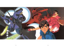  1990s_(style) 1boy 1girl absurdres aiming arm_cannon beam_axe beam_cannon brown_hair cable desert_zaku dress dwadge dwadge_custom green_eyes gundam gundam_zz heads-up_display highres judau_ashta kitazume_hiroyuki leina_ashta magazine_scan mecha mobile_suit neo_zeon o'neill_cylinder official_art one-eyed retro_artstyle robot scan scared scene_reference science_fiction shield siblings space space_habitat thrusters traditional_media user_interface weapon zero_gravity 
