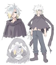  1boy aqua_eyes bervens12 blonde_hair boots cloak cloud_strife final_fantasy final_fantasy_vii final_fantasy_vii_rebirth final_fantasy_vii_remake full_body grey_hair grey_pants hair_between_eyes hair_over_one_eye highres holding holding_sword holding_weapon hood hood_down hood_up hooded_cloak male_focus midriff multicolored_hair multiple_views pants shaded_face short_hair sketch solo spiky_hair standing sword torn_cloak torn_clothes two-tone_hair upper_body weapon white_background 