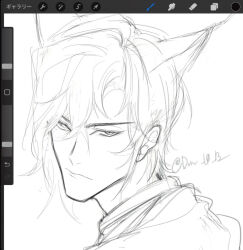  1boy animal_ears arknights art_program_in_frame babu_don_(don_10_13) closed_mouth commentary_request extra_ears fox_boy fox_ears greyscale hair_between_eyes looking_at_viewer looking_back male_focus monochrome nowell_(arknights) portrait procreate_(software) short_hair simple_background sketch solo twitter_username user_interface white_background 