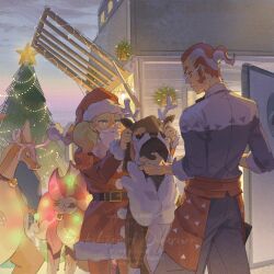  1boy 1girl alternate_costume apron aqua_eyes belt blonde_hair brown_belt charizard christmas christmas_tree commentary_request eye_contact fake_beard fake_facial_hair fur-trimmed_jacket fur_trim glasses gradient_hair grey_pants griselle_(pokemon) grisham_(pokemon) hat highres jacket lee999nine long_sleeves looking_at_another multicolored_hair orange_hair outdoors pants pokemon pokemon_legends:_z-a pyroar pyroar_(male) santa_costume santa_hat sweat twintails waist_apron wavy_hair white_hair 