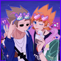  !? 2boys adapted_costume animification blue_border blue_eyes blue_hoodie border bracelet brown_hair clothes_writing commentary cup drawstring eddsworld eyewear_on_head food food_in_mouth green_jacket hair_behind_ear heart heart-shaped_eyewear holding holding_food holding_ice_cream hollow_eyes hood hood_down hoodie ice_cream jacket jewelry light_blush long_sleeves male_focus matt_(eddsworld) multiple_boys necklace one_eye_closed open_clothes open_hoodie open_mouth orange_hair perlite_(2959195863) popsicle popsicle_in_mouth purple_hood see-through_clothes see-through_sleeves shirt short_hair short_sleeves smile spiky_hair star_(symbol) sunglasses tom_(eddsworld) tomee_bear_(eddsworld) tongue tongue_out upper_body v white_shirt 