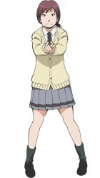 1girl aiming aiming_at_viewer anime_coloring ansatsu_kyoushitsu black_eyes black_necktie black_shoes brown_hair cardigan closed_mouth collared_shirt frown full_body grey_skirt grey_socks gun hara_sumire holding holding_gun holding_weapon kunugigaoka_middle_school_uniform morita_kazuaki necktie official_art school_uniform shirt shoes simple_background skirt socks solo standing tachi-e transparent_background weapon white_shirt 