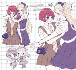 2girls :> blonde_hair blush bow bracelet brown_dress camera chibi chibi_inset closed_eyes closed_mouth commentary_request cropped_legs crying danganronpa_(series) danganronpa_2:_goodbye_despair dress eyelashes flying_sweatdrops freckles grey_bow grey_dress grey_eyes grid_background hair_bow hand_on_another's_head hands_on_another's_shoulder heart highres hug_from_side jewelry ki_27ro koizumi_mahiru long_hair motion_lines multiple_girls multiple_views musical_note necktie pinafore_dress plaid_clothes plaid_necktie red_hair shirt shirt_under_dress shoes short_hair short_sleeves sleeveless sleeveless_dress smile socks sonia_nevermind speech_bubble spoken_musical_note sweat sweatdrop tears translation_request twitter_username very_short_hair walking white_shirt yuri 