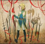  1boy androgynous axe blonde_hair braided_hair crown erubo hair_ornament male multicolored_eyes multicolored_hair partisan polearm red_eyes red_ribbon ribbon short_hair solo spear theodor_bachstein trident weapon 