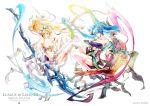  aqua_hair bare_shoulders blonde_hair blue_eyes blue_hair breasts cleavage gloves highres instrument janna_windforce large_breasts league_of_legends loiza long_hair midriff multiple_girls navel pointy_ears smile sona_buvelle staff twintails very_long_hair 