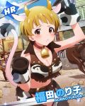  2girls bell blonde_hair breasts brown_eyes character_name cleavage cow_bell cow_girl cow_print cowboy_hat crop_top fukuda_noriko hat idolmaster idolmaster_million_live! looking_at_viewer multiple_girls navel official_art pout takatsuki_yayoi 