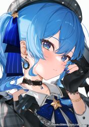  absurdres blue_eyes blue_hair blue_ribbon double-parted_bangs hair_between_eyes highres hololive hoshimachi_suisei medium_hair ribbon sakurada_nana side_ponytail sidelocks star_(symbol) star_in_eye symbol_in_eye virtual_youtuber 