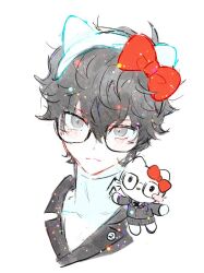  1boy amamiya_ren animal_ears black-framed_eyewear black_jacket bow cat_ears double-parted_bangs fake_animal_ears glasses grey_eyes hair_between_eyes hair_bow headband hello_kitty hello_kitty_(character) jacket lapels looking_at_viewer male_focus notched_lapels ooxiiix persona persona_5 red_bow sanrio wavy_hair 