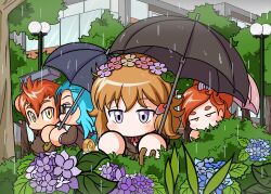  2boys 2girls absurdres aqua_hair blazer brown_hair brown_jacket building chibi commentary_request domon_kion drilljapan flower flower_hairband glasses highres holding holding_umbrella hydrangea jacket jikkyou_powerful_pro_yakyuu jikkyou_powerful_pro_yakyuu_(style) kiba_arashi kiba_shizuka lamppost mizutori_shinobu multiple_boys multiple_girls no_mouth power_pro_appli rain rayman_limbs school_uniform snail thick_eyebrows tree trowel trowel_hair_ornament umbrella violet_eyes yellow_eyes 