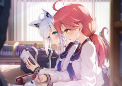  2girls ahoge animal_ear_fluff animal_ears aqua_eyes black_sailor_collar blue_neckerchief braid commentary_request eraser fox_ears fox_girl fox_tail from_side green_eyes highres holding holding_pencil hololive imo_bouya indoors long_hair long_sleeves looking_at_another multiple_girls neckerchief notebook open_mouth pencil pencil_case pentagram pink_hair sailor_collar sakura_miko school_uniform serafuku shirakami_fubuki tail upper_body very_long_hair white_hair 